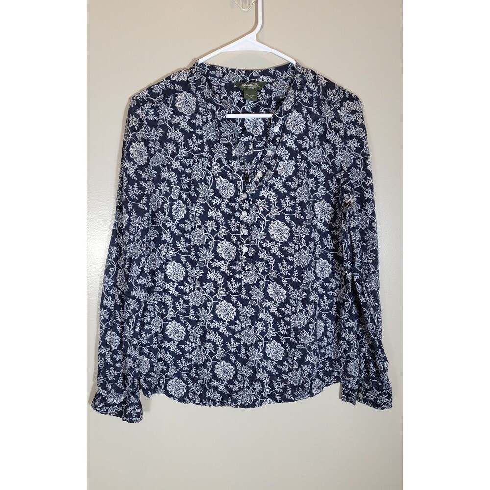 Eddie Bauer Women's L Navy White Floral Cotton Popover Blouse Coastal Boho